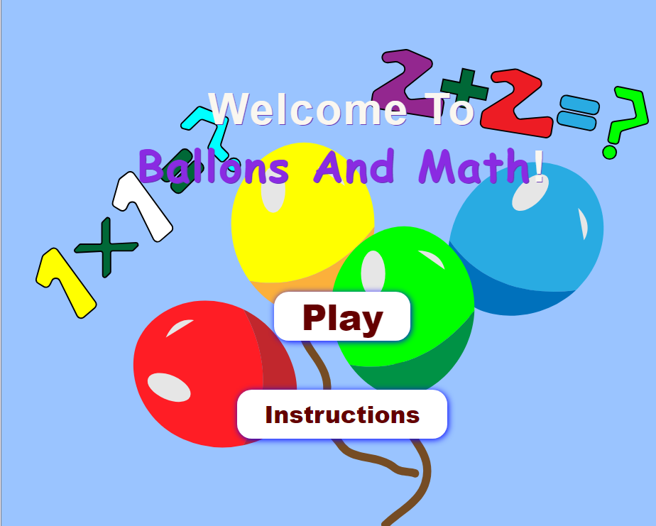 Balloons and Math Game Opening Screen of the game