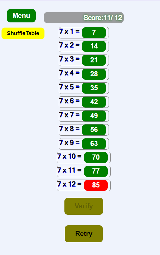 Multiplication Tables Math Game instruccions
