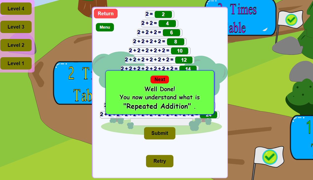 Multiplication Game, a message after finishing each level